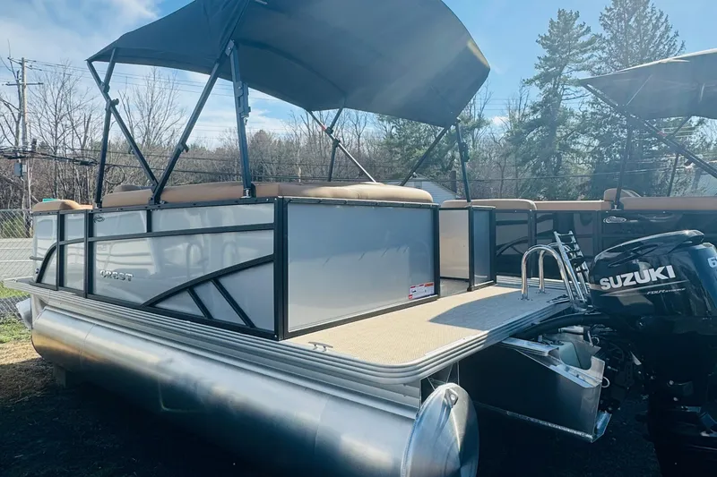 Slide: The Image of 2026 Crest Conquest SE 180 Cruise pontoon boat with Suzuki motor, outdoor setting. - 3
