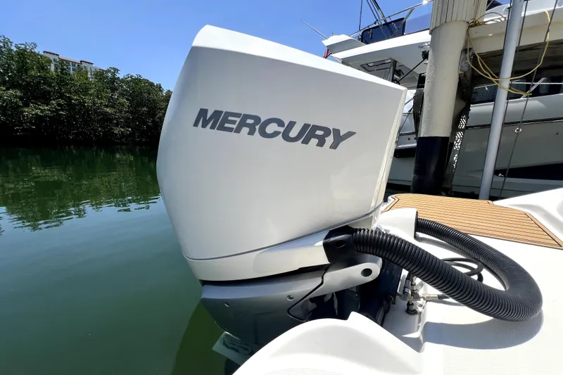 Slide: The Image of Mercury outboard engine on 2019 Sea Ray SDX 270 boat, docked by lush greenery. - 12
