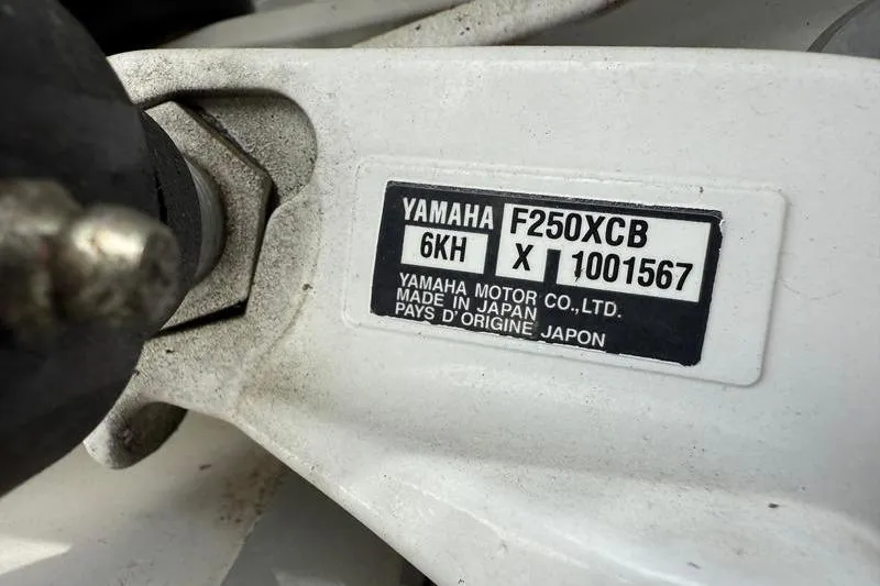 Slide: The Image of Yamaha F250XCB engine label on 2022 Tidewater 272 LXF boat, made in Japan. - 39