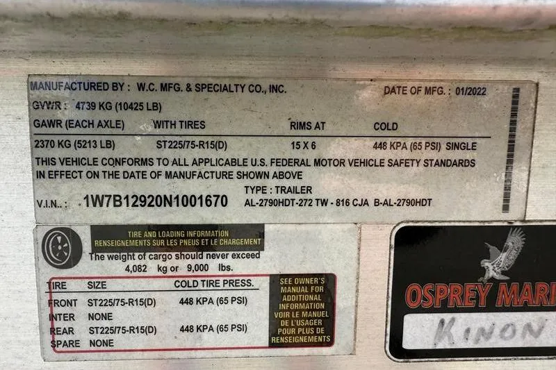 Slide: The Image of 2022 Tidewater 272 LXF trailer label with specifications and safety standards compliance. - 41