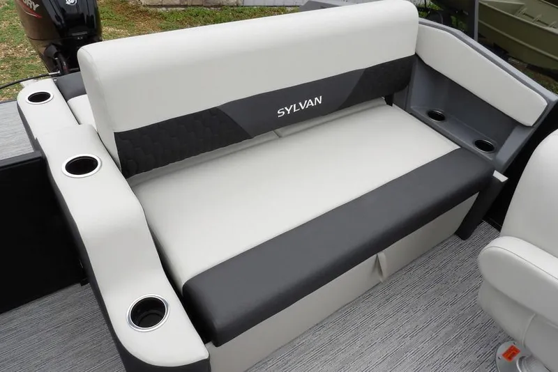 Slide: The Image of Luxurious seating on 2026 Sylvan R-20 CLZ DH boat with cup holders and sleek design. - 13
