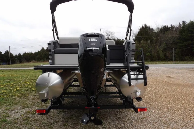 Slide: The Image of 2026 Sylvan R-20 CLZ DH pontoon boat with Mercury 115 engine, rear view. - 20