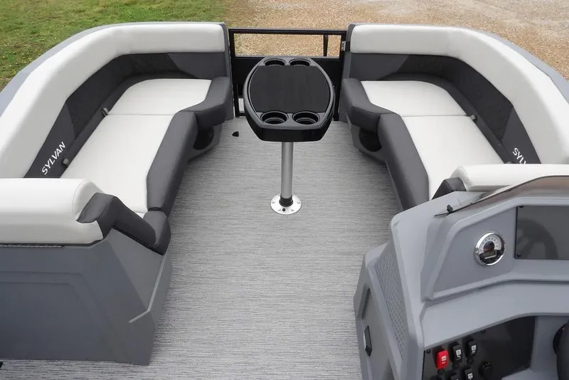 Slide: The Image of Interior of 2026 Sylvan R-20 CLZ DH pontoon boat with seating and table. - 22