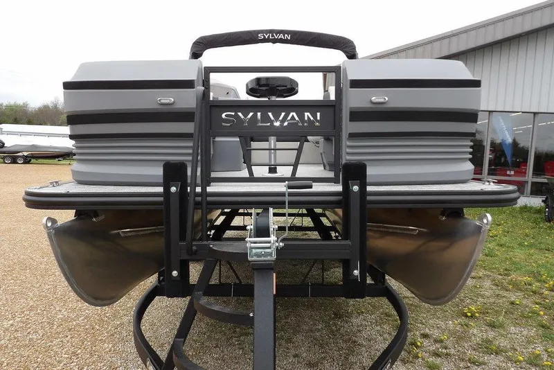 Slide: The Image of 2026 Sylvan R-20 CLZ DH pontoon boat front view at dealership. - 3