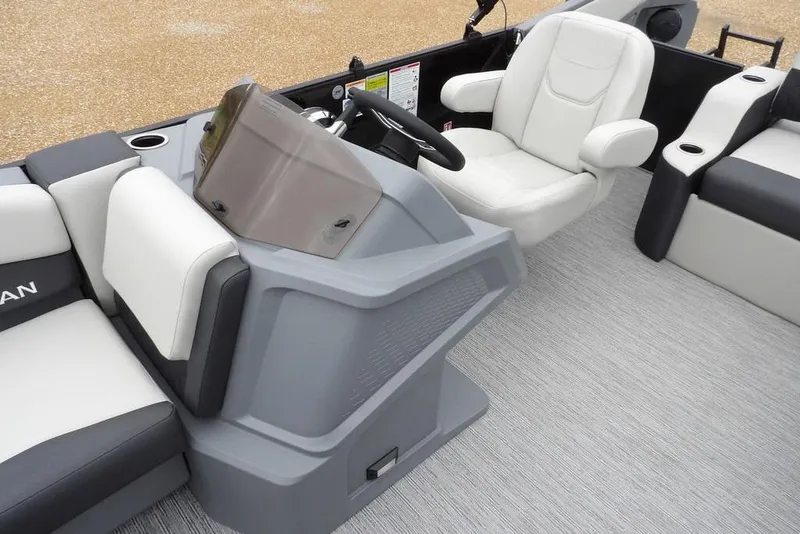Slide: The Image of Interior of 2026 Sylvan R-20 CLZ DH boat with modern seating and steering console. - 31