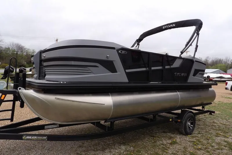 Slide: The Image of 2026 Sylvan R-20 CLZ DH pontoon boat on trailer, side view. - 4
