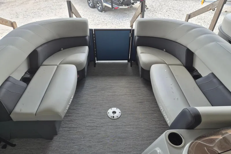 Slide: The Image of 2026 Sylvan Mirage Fish 820 Party Fish boat interior with spacious seating. - 4