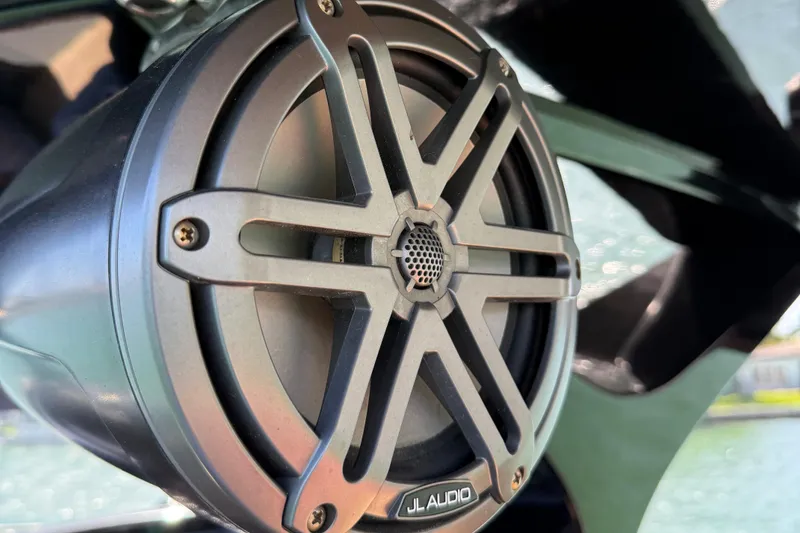 Slide: The Image of JL Audio speaker on 2019 SACS Rebel 40 boat, close-up view. - 34