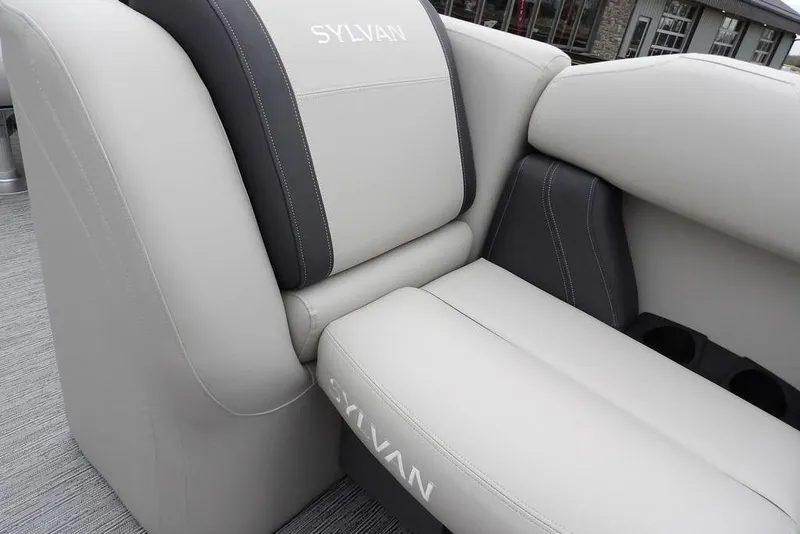 Slide: The Image of 2026 Sylvan 8522 LZ boat seating with gray and black upholstery. - 23