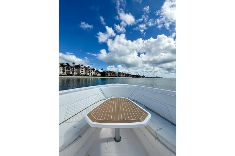 Slide: The Image of 2022 Intrepid 407 Nomad SE boat with scenic waterfront view and blue sky. - 10