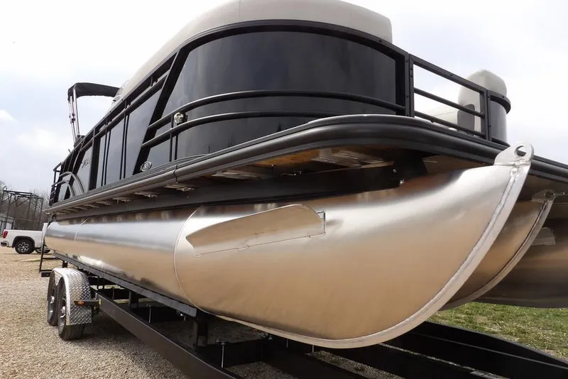 Slide: The Image of 2026 Sylvan X5 CLZ pontoon boat on trailer, showcasing sleek design and modern features. - 50