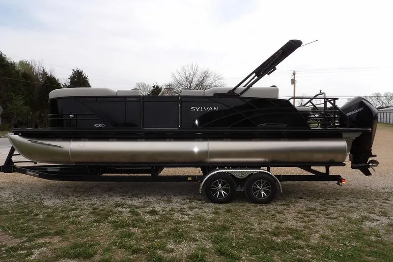 Slide: The Image of 2026 Sylvan X5 CLZ pontoon boat on trailer, side view. - 8