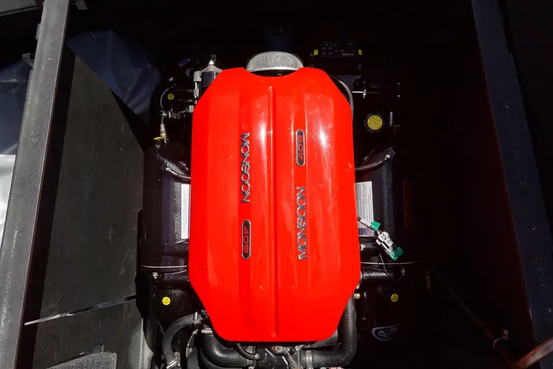 Slide: The Image of Red Monsoon 409 engine in a 2019 Axis T23 boat, top view. - 25
