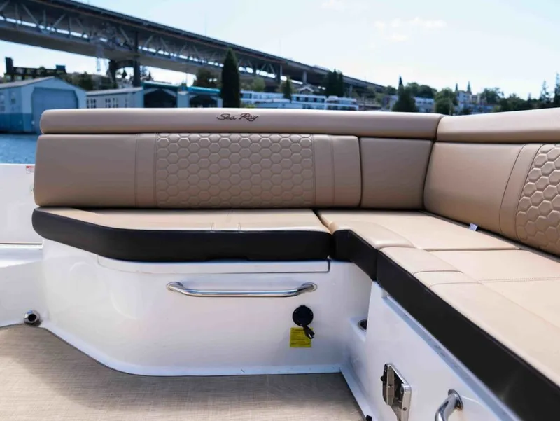 Slide: The Image of Interior of 2018 Sea Ray SDX 270 with beige upholstery. - 16