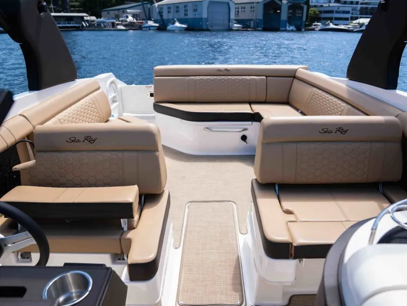 Slide: The Image of Interior of a 2018 Sea Ray SDX 270 with luxurious seating. - 22