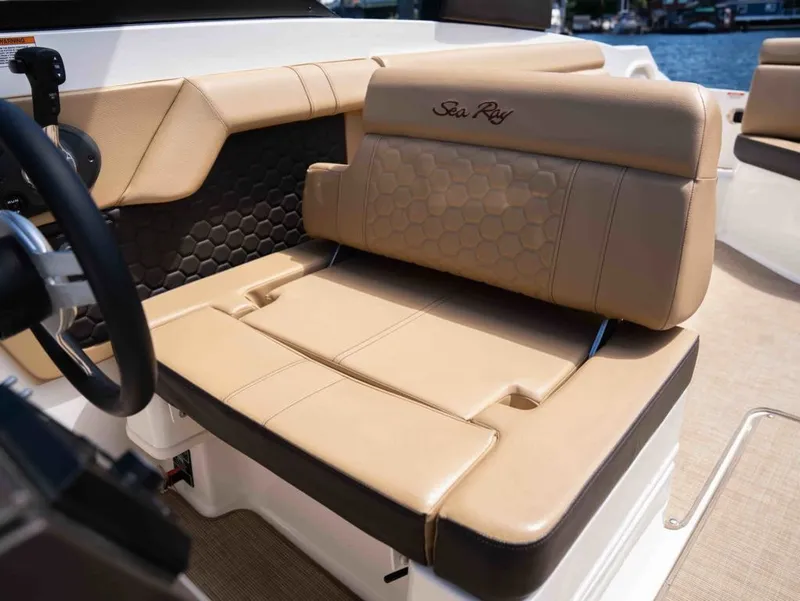 Slide: The Image of Interior of Sea Ray SDX 270 boat, beige leather seats, 2018 model. - 24