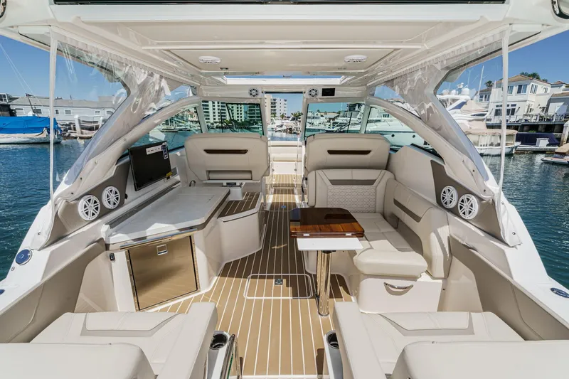Slide: The Image of Luxurious interior of 2026 Tiara Yachts 34 LX, featuring elegant seating and modern amenities. - 40
