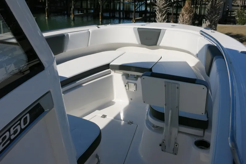 Slide: The Image of 2026 Robalo R250 Center Console boat interior with seating and storage. - 14