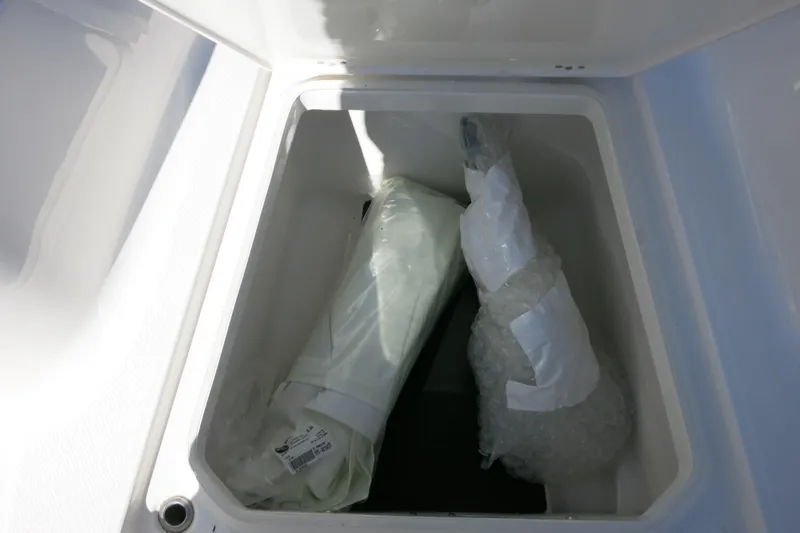 Slide: The Image of Storage compartment of 2026 Robalo R250 Center Console boat with packaged items inside. - 17