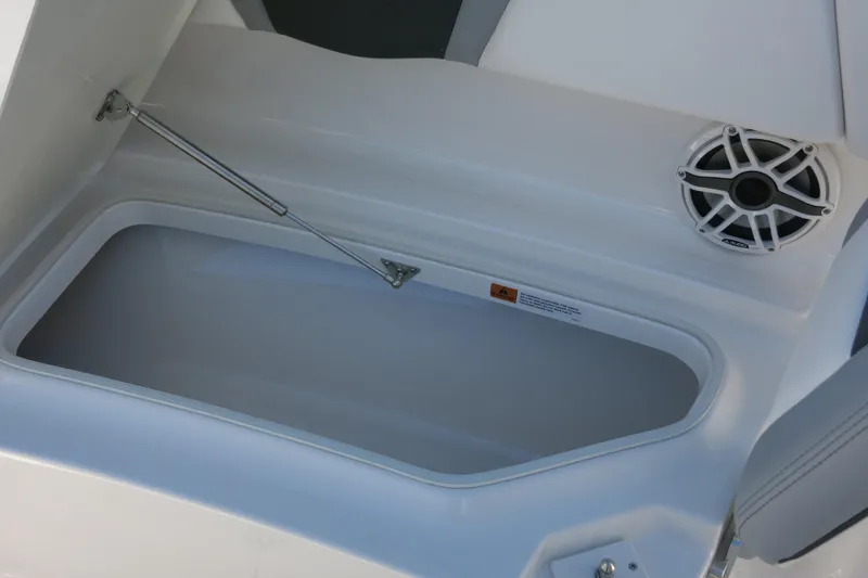 Slide: The Image of Storage compartment of 2026 Robalo R250 Center Console boat with speaker detail. - 19