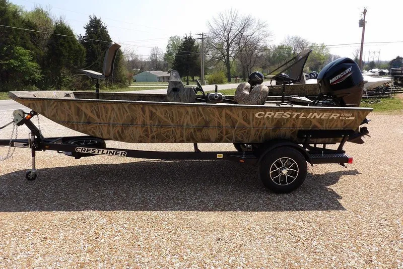 Slide: The Image of 2026 Crestliner 1760 Retriever SC boat on trailer, camo design, parked outdoors. - 7