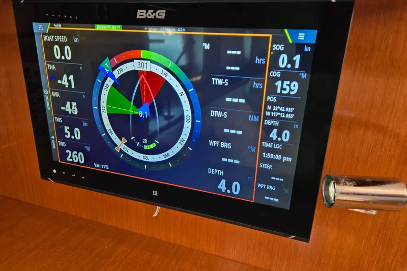 Slide: The Image of Navigation display on 2016 Beneteau Oceanis 55 sailboat showing speed, heading, and depth. - 43
