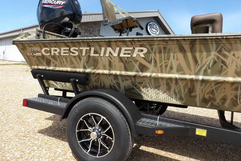 Slide: The Image of 2026 Crestliner 1760 Retriever FCC boat with camouflage design on a trailer. - 37