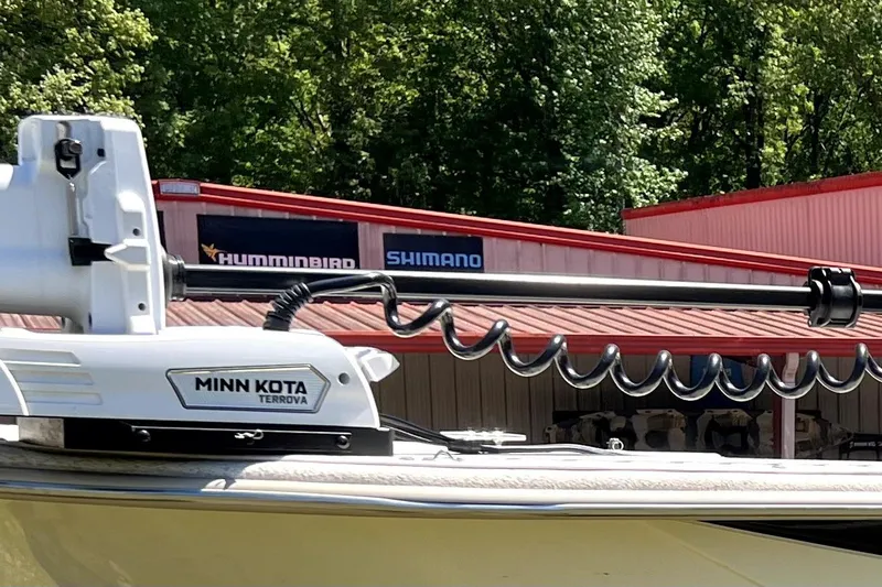 Slide: The Image of Minn Kota Terrova motor on 2018 Carolina Skiff 258 DLV boat, outdoor setting. - 10