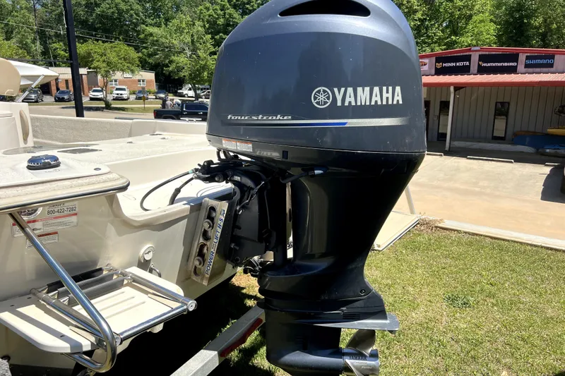 Slide: The Image of 2018 Carolina Skiff 258 DLV with Yamaha outboard motor in a sunny outdoor setting. - 5