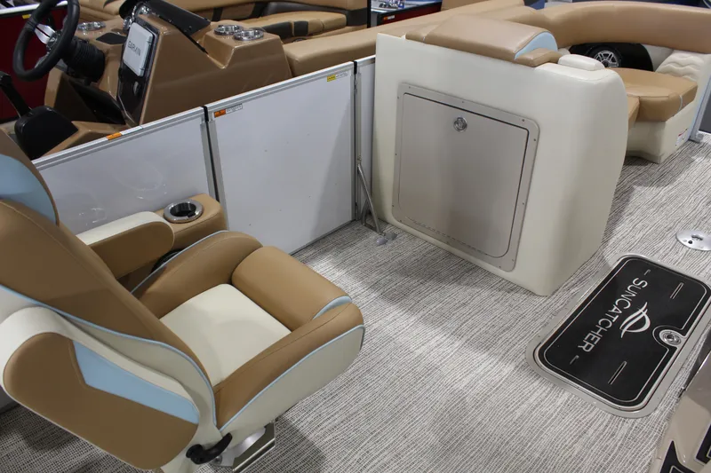 Slide: The Image of Luxurious interior of 2026 SunCatcher DIAMOND ARCH ELITE 324RC pontoon boat with plush seating. - 5