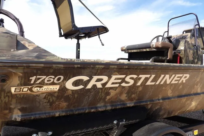 Slide: The Image of 2026 Crestliner 1760 Retriever FCC boat with camouflage design and seating. - 23
