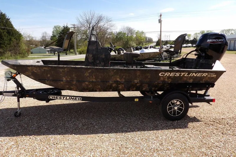 Slide: The Image of 2026 Crestliner 1760 Retriever FCC boat on trailer, featuring camouflage design and Mercury outboard motor. - 6