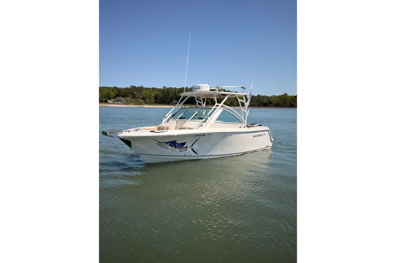 The Image of 2018 Sailfish 245 DC boat on calm water with scenic shoreline background. - 0