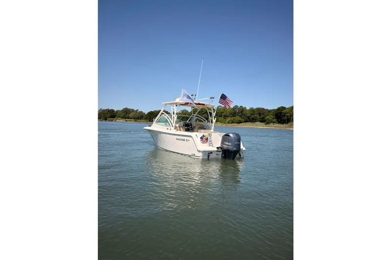 Slide: The Image of 2018 Sailfish 245 DC boat on calm water with American flag, clear sky background. - 2