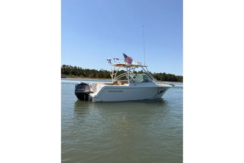 Slide: The Image of 2018 Sailfish 245 DC boat on calm water with American flag. - 3