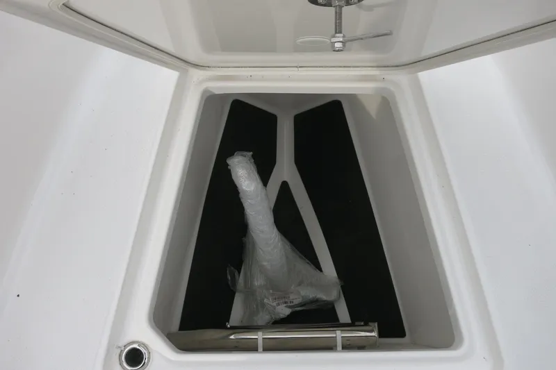 Slide: The Image of Storage compartment of 2026 Robalo R300 Center Console boat, open and empty. - 13
