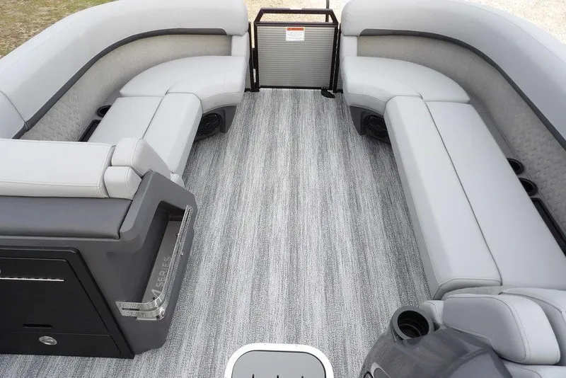 Slide: The Image of 2026 Bennington M L-Bench 22 ML pontoon boat interior with gray seating and flooring. - 12