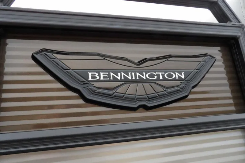 Slide: The Image of Bennington logo on 2026 M L-Bench 22 ML boat, featuring sleek design elements. - 43