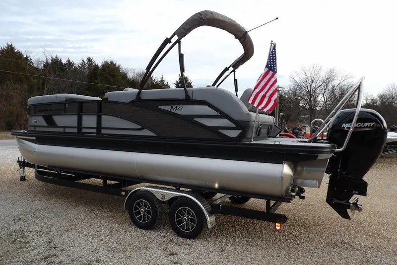 Slide: The Image of 2026 Bennington M L-Bench 22 ML pontoon boat on trailer with American flag. - 7
