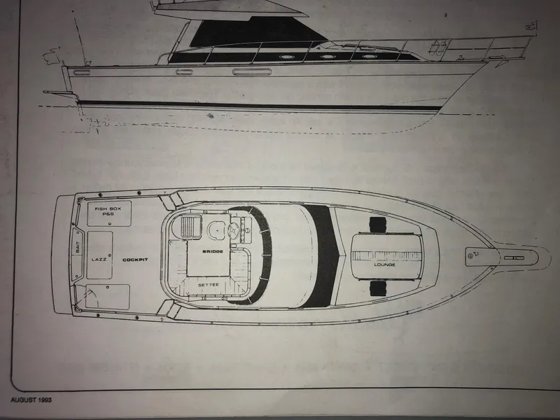 Slide: The Image of Blueprint of a 1990 Mediterranean 38 Sport Fisher boat, showing side and top views. - 65