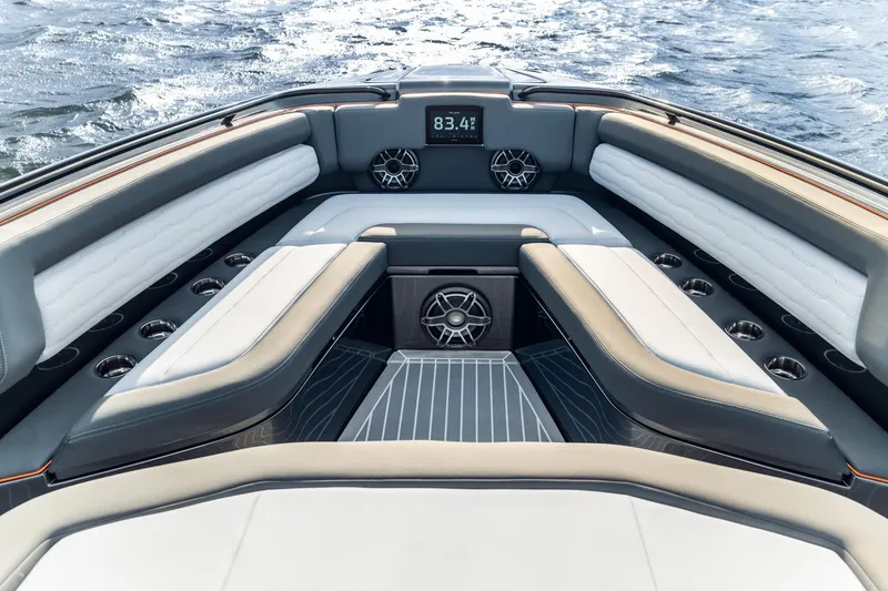 Slide: The Image of Luxurious interior of 2025 Cigarette 42' Auroris boat with modern seating and speakers. - 5