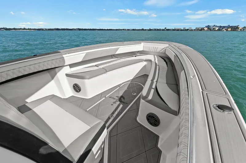 Slide: The Image of Interior view of Statement 350 Open boat, 2012 model, on the water. - 14