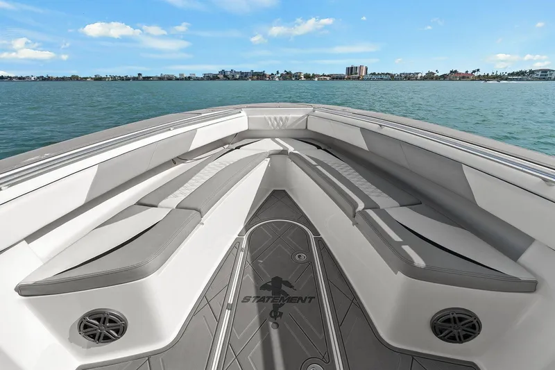 Slide: The Image of Interior view of Statement 350 Open boat, 2012 model, on the water. - 15