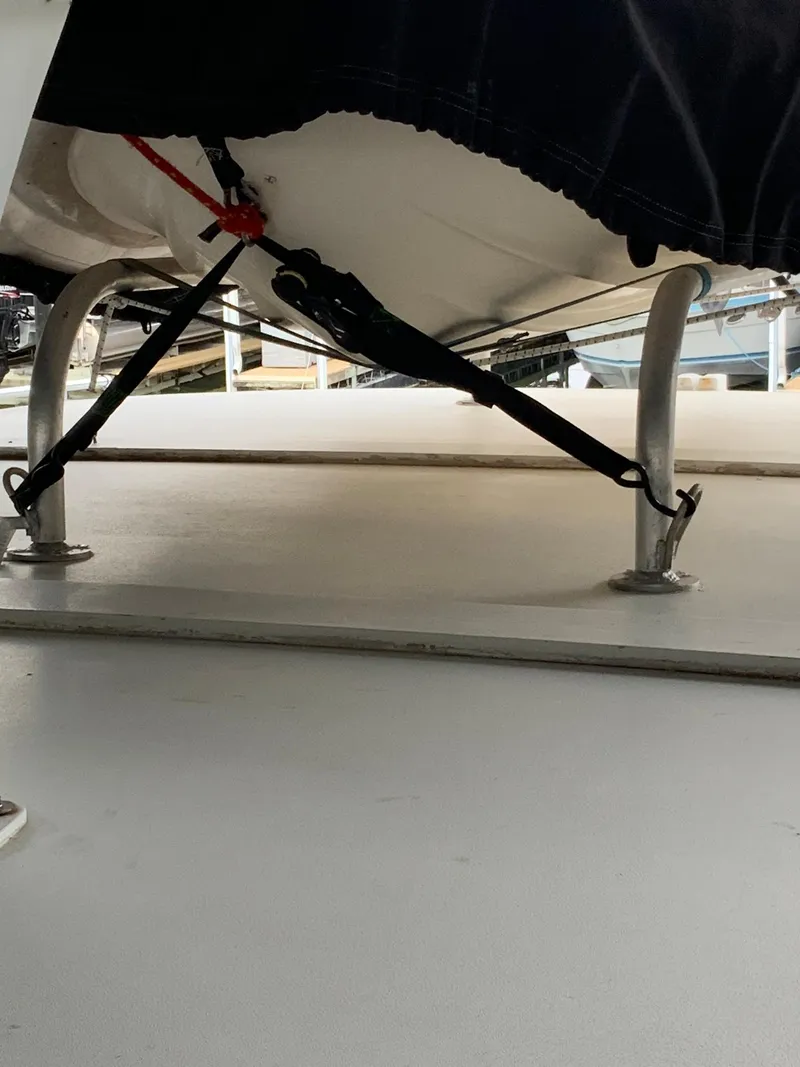 Slide: The Image of 1969 Hatteras 41 Double Cabin boat deck with secured equipment. - 20