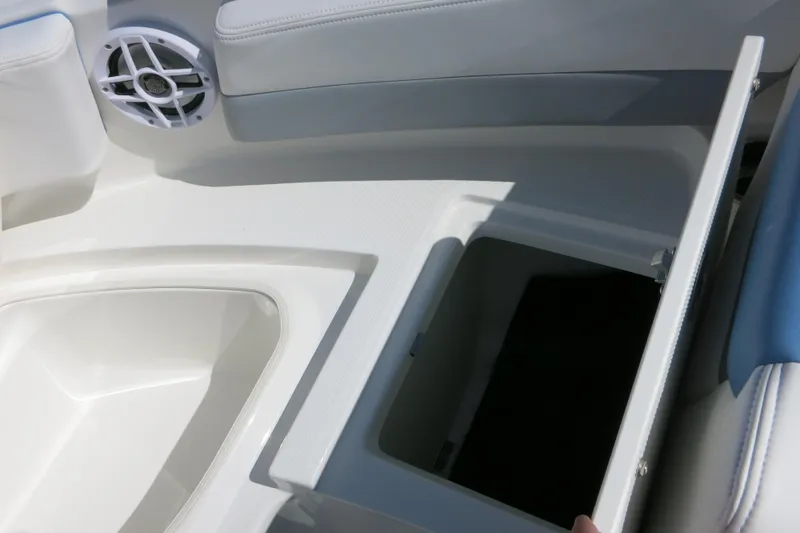 Slide: The Image of 2026 Robalo R207 Dual Console boat storage compartment with speaker detail. - 12