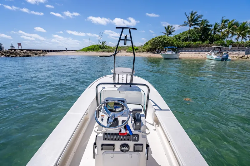 Slide: The Image of 2026 Spyder FX17 Flicker boat navigating near tropical beach with palm trees. - 37