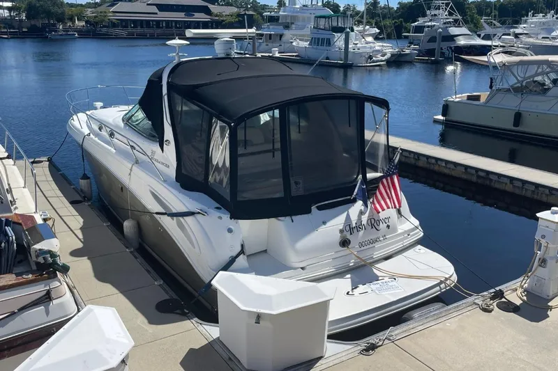 Slide: The Image of 2006 Sea Ray 360 Sundancer docked, featuring sleek design and American flag. - 6