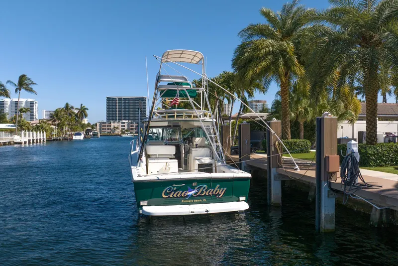 Slide: The Image of 2000 Pursuit 3400 Express boat docked by palm trees in a sunny marina. - 8