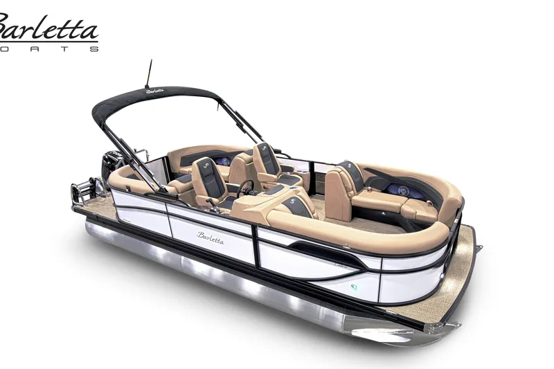 Slide: The Image of 2026 Barletta Cabrio 22QC pontoon boat with luxurious seating and sleek design. - 1