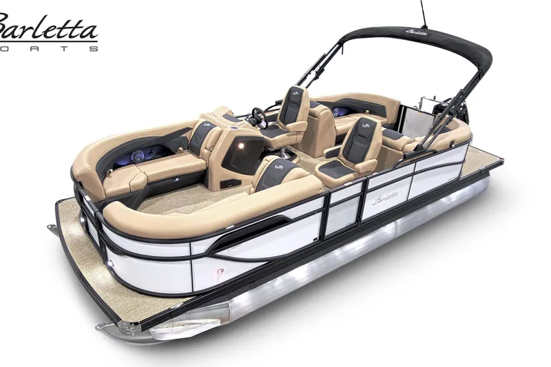 Slide: The Image of 2026 Barletta Cabrio 22QC pontoon boat with luxurious seating and sleek design. - 14